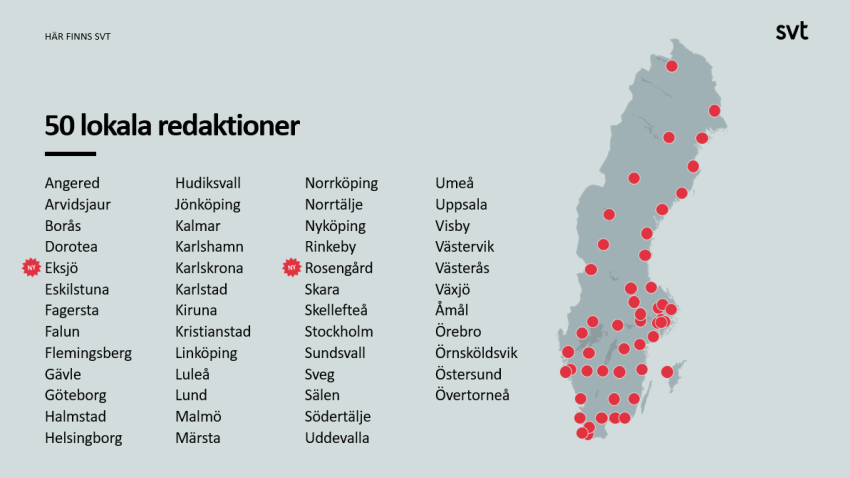 Karta över Sverige med alla SVT:s lokala redaktioner utmärkta.