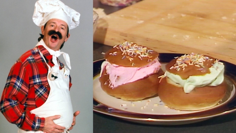 Klasse Kock lagar semlor i Klasses frukostklubb 1991.